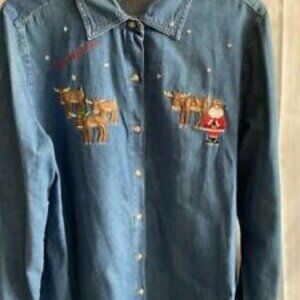 BLUE DENIM WOMEN'S SHIRT EMBROIDERED MERRY CHRISTMAS SIZE LARGE